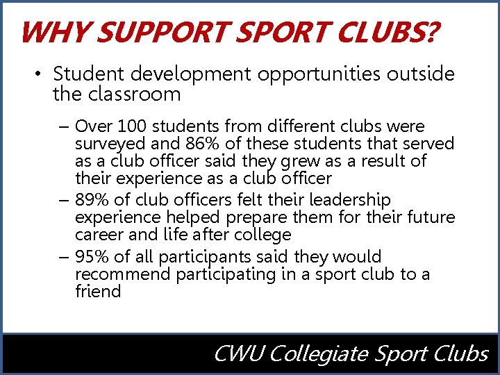 WHY SUPPORT SPORT CLUBS? • Student development opportunities outside the classroom – Over 100
