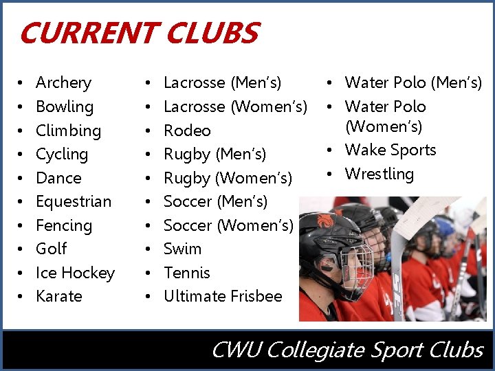 CURRENT CLUBS • • • Archery Bowling Climbing Cycling Dance Equestrian Fencing Golf Ice
