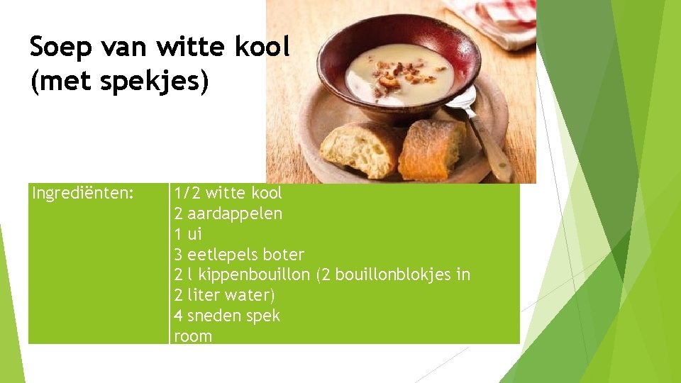 Soep van witte kool (met spekjes) Ingrediënten: 1/2 witte kool 2 aardappelen 1 ui