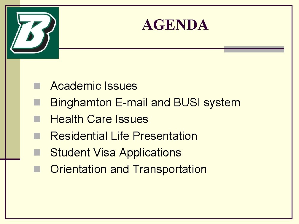 AGENDA n Academic Issues n Binghamton E-mail and BUSI system n Health Care Issues