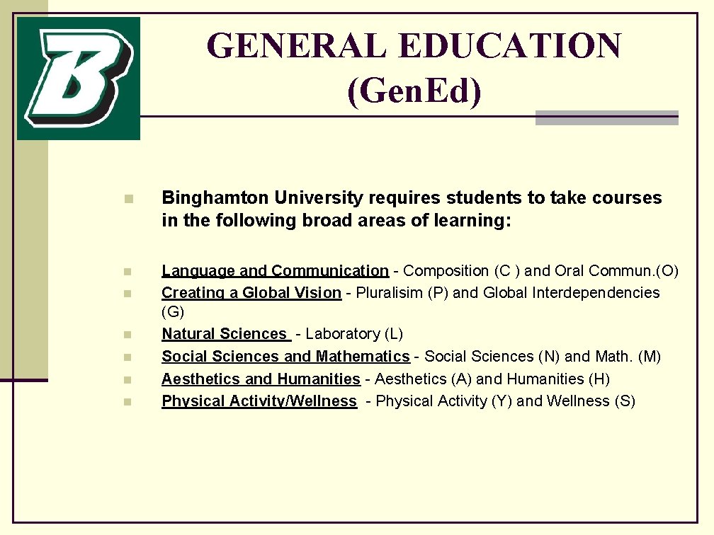 GENERAL EDUCATION (Gen. Ed) n Binghamton University requires students to take courses in the