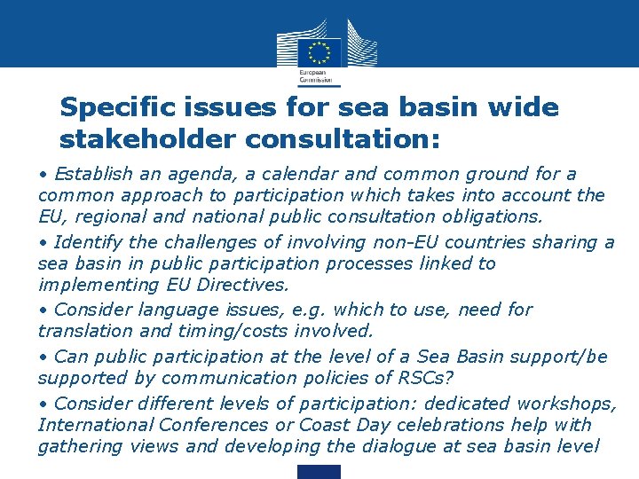 Specific issues for sea basin wide stakeholder consultation: • • Establish an agenda, a