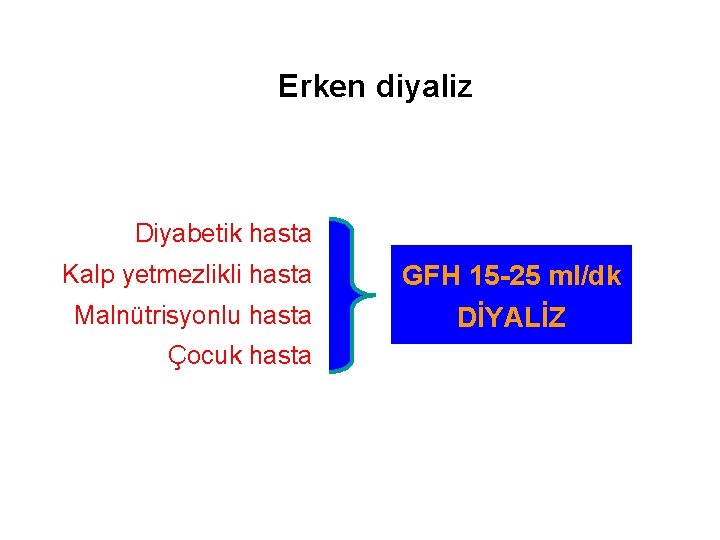 Erken diyaliz Diyabetik hasta Kalp yetmezlikli hasta GFH 15 -25 ml/dk Malnütrisyonlu hasta DİYALİZ