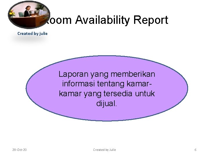 Room Availability Report Created by julie Laporan yang memberikan informasi tentang kamar yang tersedia