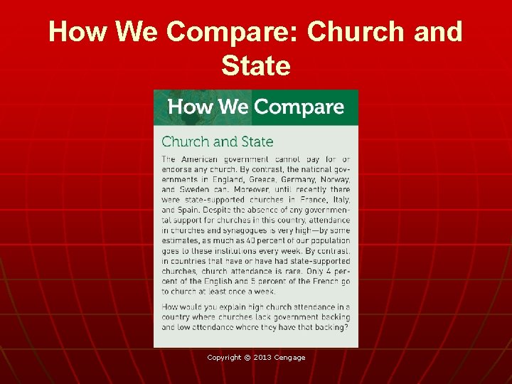 How We Compare: Church and State Copyright © 2013 Cengage 