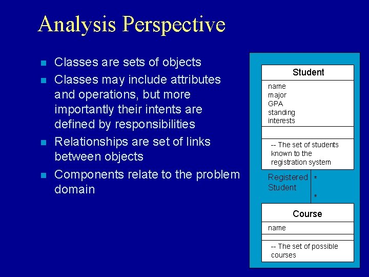 Analysis Perspective n n Classes are sets of objects Classes may include attributes and