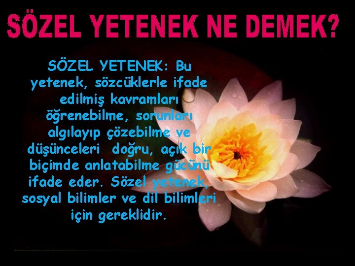 SÖZEL YETENEK: Bu yetenek, sözcüklerle ifade edilmiş kavramları öğrenebilme, sorunları algılayıp çözebilme ve düşünceleri SÖZEL YETENEK: Bu yetenek, sözcüklerle ifade edilmiş kavramları öğrenebilme, sorunları algılayıp çözebilme ve düşünceleri