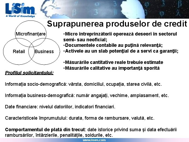 Suprapunerea produselor de credit Microfinanţare Retail Business Profilul solicitantului: • Micro întreprinzătorii operează deseori