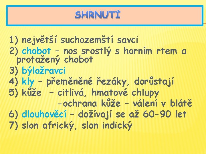 SHRNUTÍ 1) největší suchozemští savci 2) chobot – nos srostlý s horním rtem a