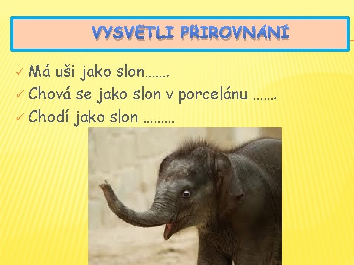 VYSVĚTLI PŘIROVNÁNÍ Má uši jako slon……. ü Chová se jako slon v porcelánu …….