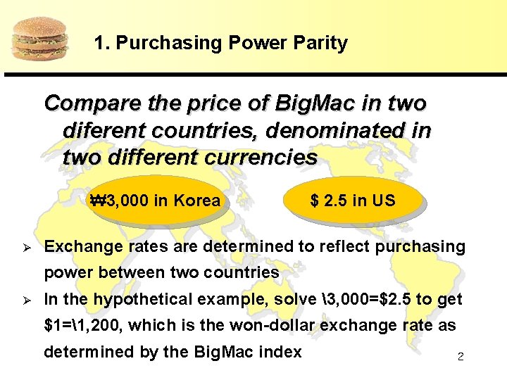 1. Purchasing Power Parity Compare the price of Big. Mac in two diferent countries,