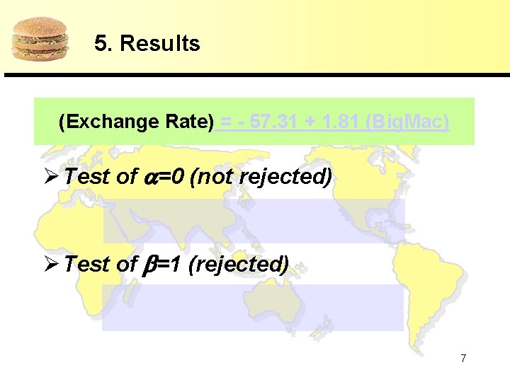 5. Results (Exchange Rate) = - 57. 31 + 1. 81 (Big. Mac) Ø