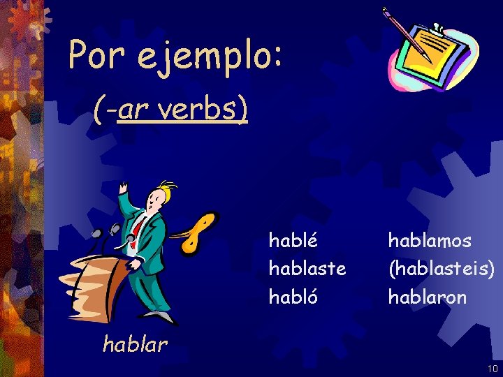 Por ejemplo: (-ar verbs) hablé hablaste habló hablamos (hablasteis) hablaron hablar 10 