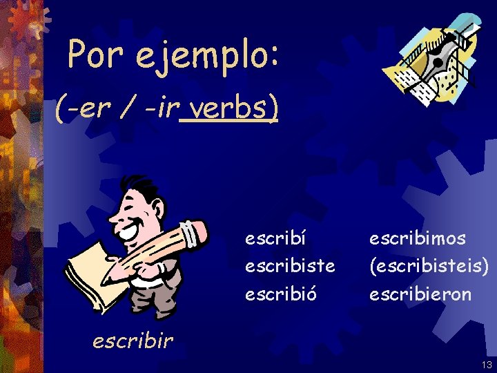 Por ejemplo: (-er / -ir verbs) escribí escribiste escribió escribimos (escribisteis) escribieron escribir 13