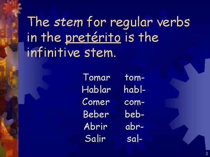 The stem for regular verbs in the pretérito is the infinitive stem. Tomar Hablar