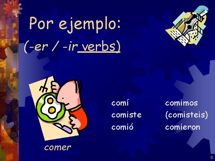 Por ejemplo: (-er / -ir verbs) comí comiste comió comimos (comisteis) comieron comer 8