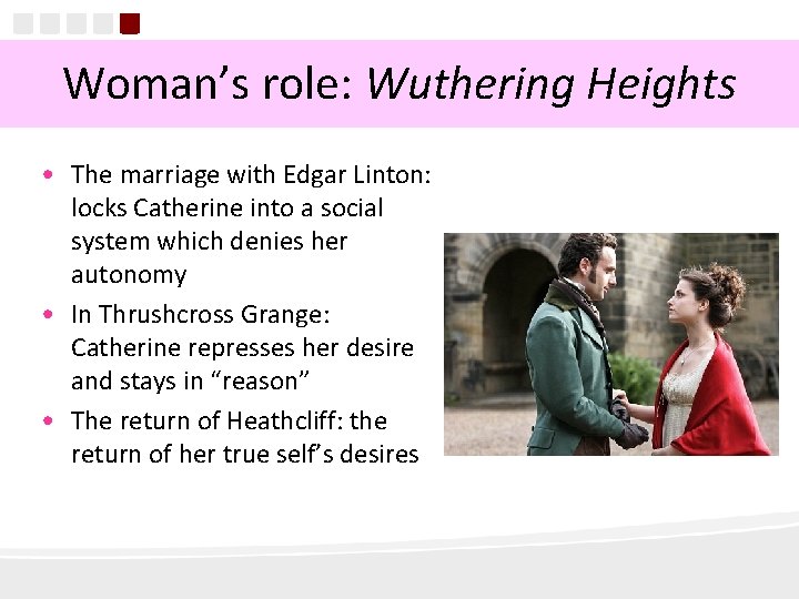 Woman’s role: Wuthering Heights • The marriage with Edgar Linton: locks Catherine into a