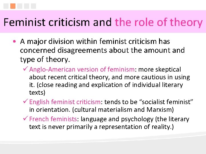 Feminist criticism and the role of theory • A major division within feminist criticism