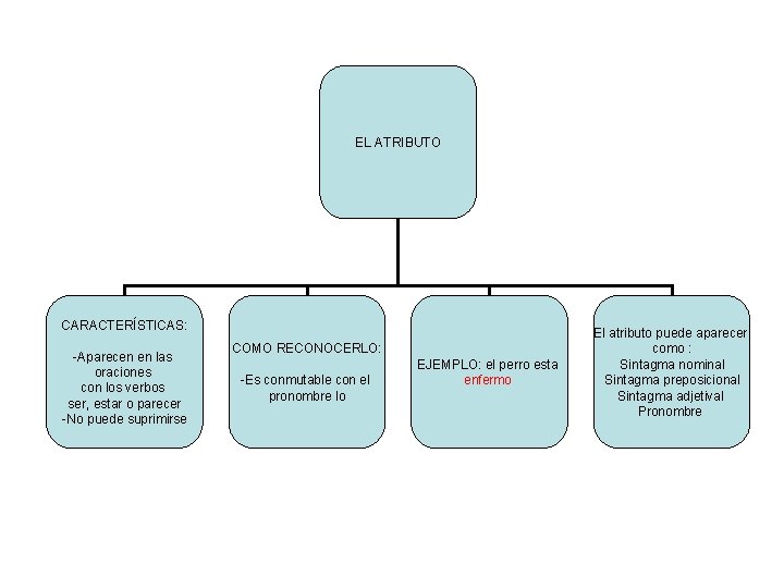 EL ATRIBUTO CARACTERÍSTICAS: -Aparecen en las oraciones con los verbos ser, estar o parecer
