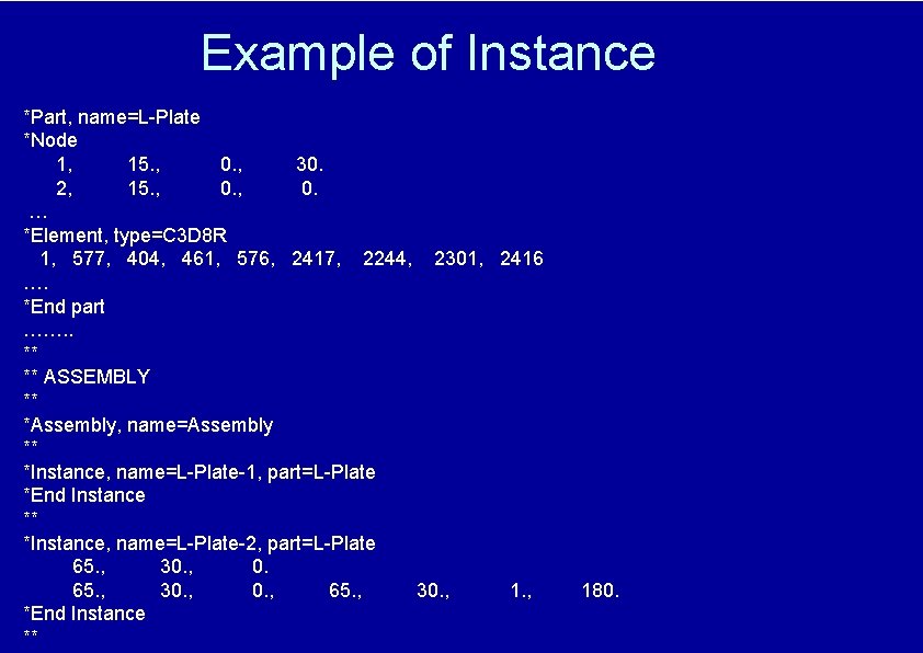 Example of Instance *Part, name=L-Plate *Node 1, 15. , 0. , 30. 2, 15.