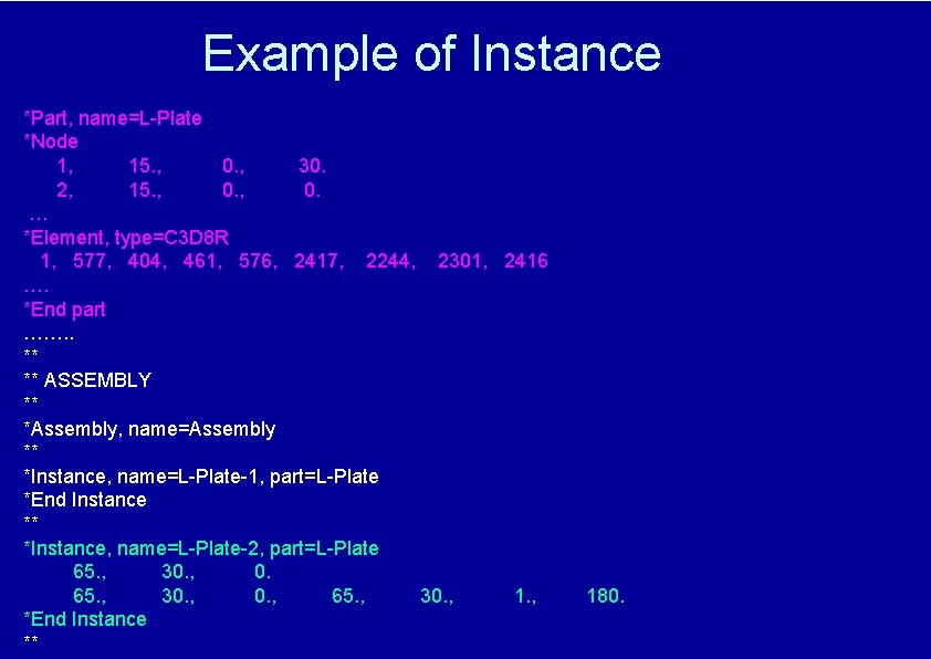 Example of Instance *Part, name=L-Plate *Node 1, 15. , 0. , 30. 2, 15.