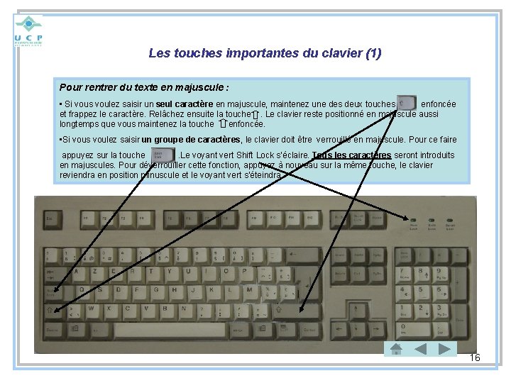 Les touches importantes du clavier (1) Pour rentrer du texte en majuscule : •