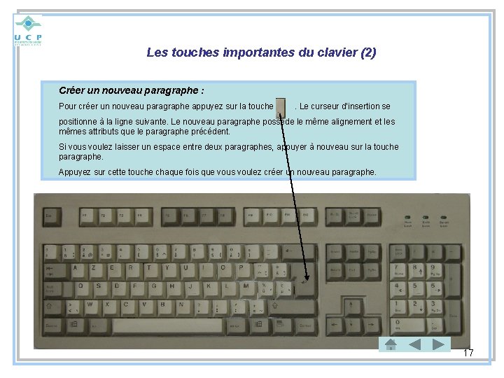 Les touches importantes du clavier (2) Créer un nouveau paragraphe : Pour créer un