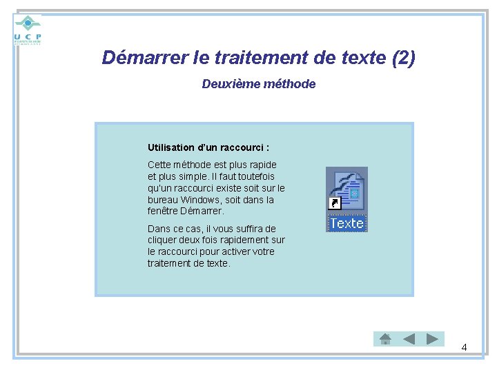 Démarrer le traitement de texte (2) Deuxième méthode Utilisation d’un raccourci : Cette méthode