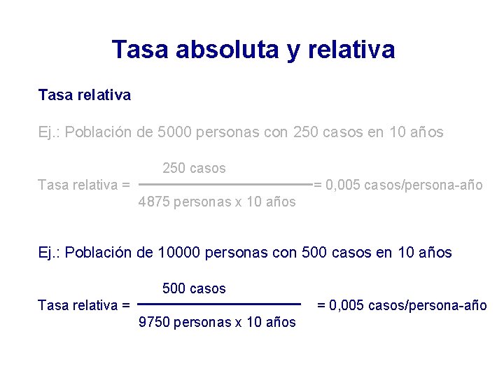 Tasa absoluta y relativa Tasa relativa Ej. : Población de 5000 personas con 250