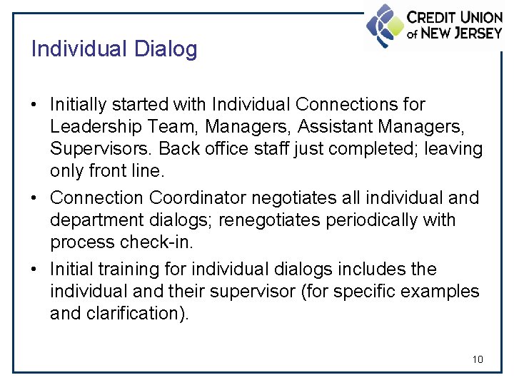 Individual Dialog • Initially started with Individual Connections for Leadership Team, Managers, Assistant Managers,