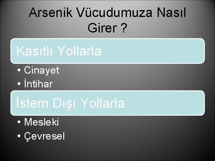 Arsenik Vücudumuza Nasıl Girer ? Kasıtlı Yollarla • Cinayet • İntihar İstem Dışı Yollarla