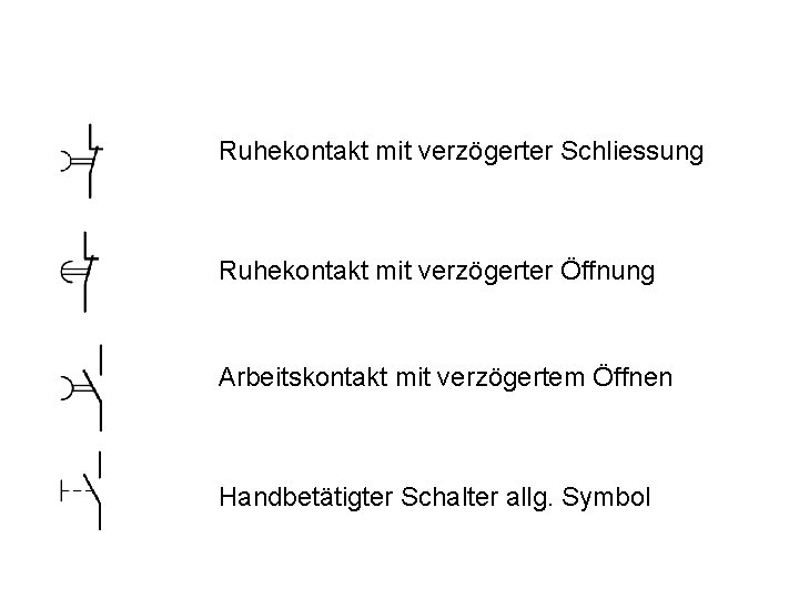 Ruhekontakt mit verzögerter Schliessung Ruhekontakt mit verzögerter Öffnung Arbeitskontakt mit verzögertem Öffnen Handbetätigter Schalter