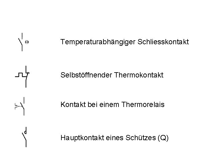 Temperaturabhängiger Schliesskontakt Selbstöffnender Thermokontakt Kontakt bei einem Thermorelais Hauptkontakt eines Schützes (Q) 