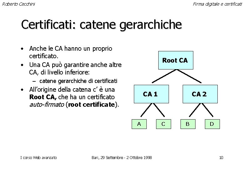 Roberto Cecchini Firma digitale e certificati Certificati: catene gerarchiche • Anche le CA hanno