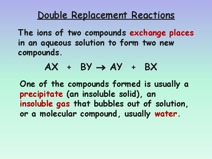 Double Replacement Reactions The ions of two compounds exchange places in an aqueous solution