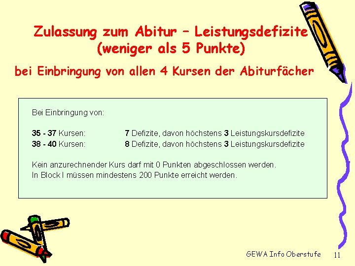 Zulassung zum Abitur – Leistungsdefizite (weniger als 5 Punkte) bei Einbringung von allen 4