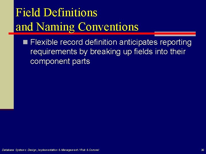 Field Definitions and Naming Conventions n Flexible record definition anticipates reporting requirements by breaking