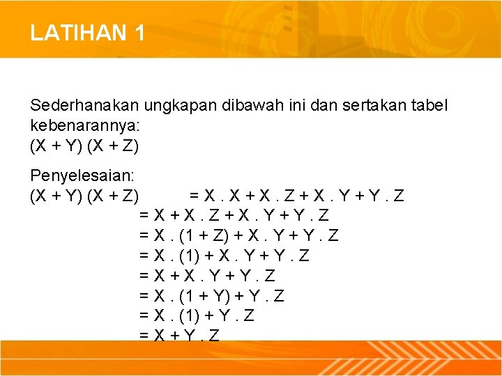 LATIHAN 1 Sederhanakan ungkapan dibawah ini dan sertakan tabel kebenarannya: (X + Y) (X