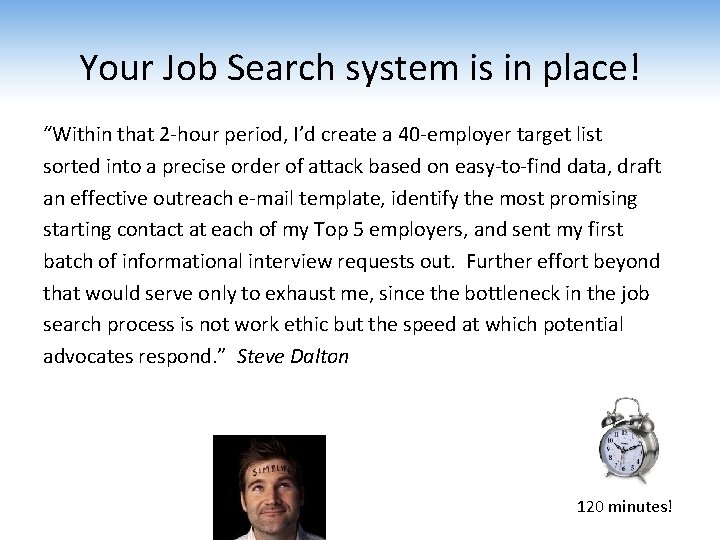 Your Job Search system is in place! “Within that 2 -hour period, I’d create