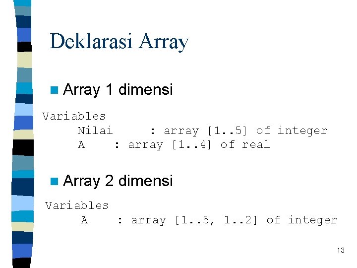 Deklarasi Array n Array 1 dimensi Variables Nilai : array [1. . 5] of