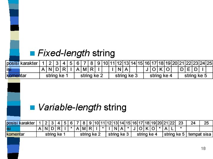 n Fixed-length string n Variable-length string 18 