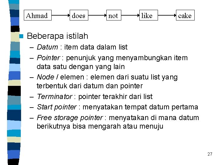 Ahmad n does not like cake Beberapa istilah – Datum : item data dalam