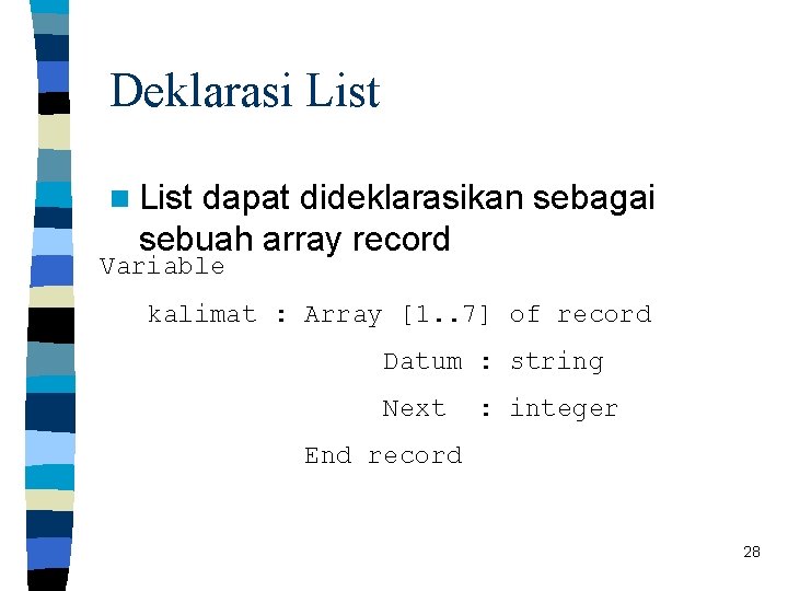 Deklarasi List n List dapat dideklarasikan sebagai sebuah array record Variable kalimat : Array