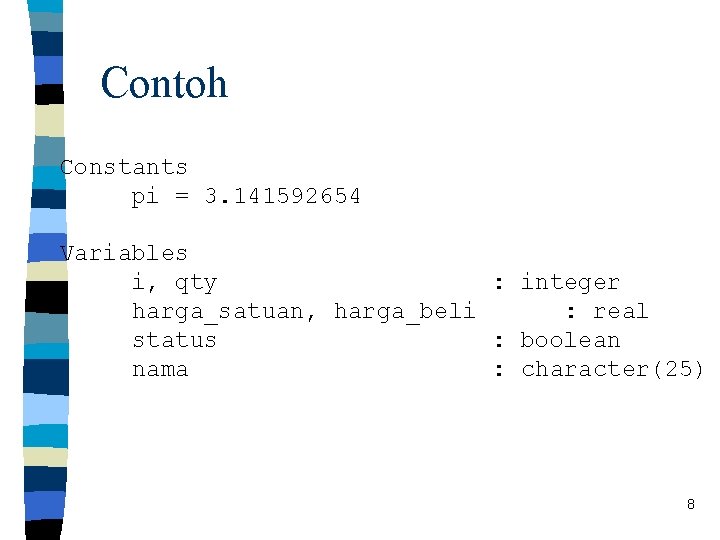 Contoh Constants pi = 3. 141592654 Variables i, qty : integer harga_satuan, harga_beli :