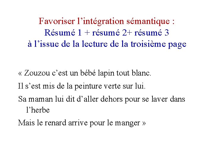 Favoriser l’intégration sémantique : Résumé 1 + résumé 2+ résumé 3 à l’issue de