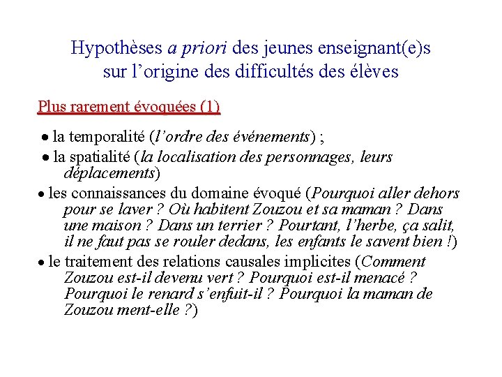 Hypothèses a priori des jeunes enseignant(e)s sur l’origine des difficultés des élèves Plus rarement