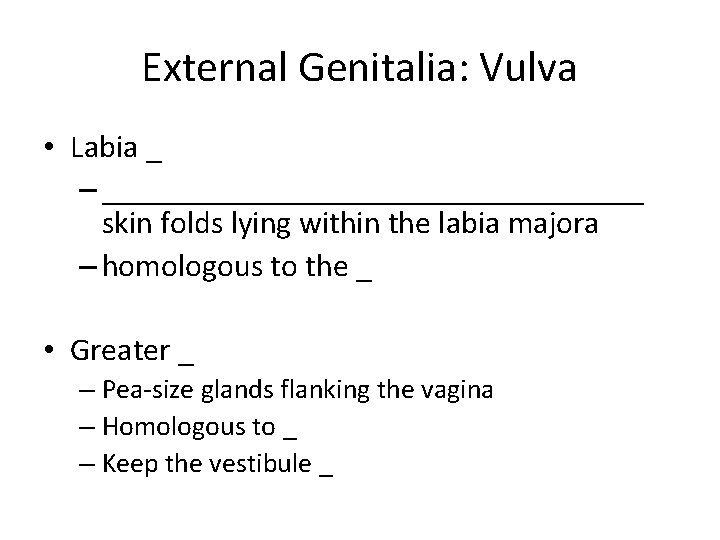 External Genitalia: Vulva • Labia _ – _________________ skin folds lying within the labia