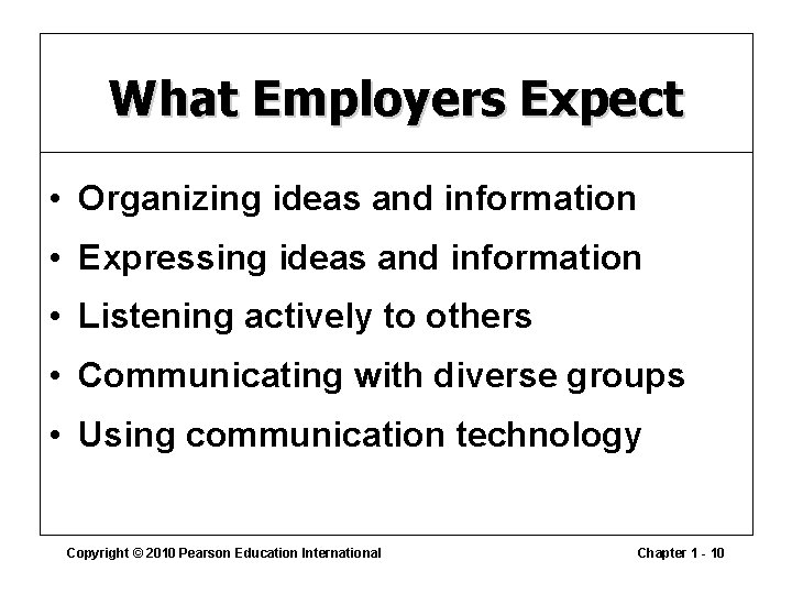 What Employers Expect • Organizing ideas and information • Expressing ideas and information •