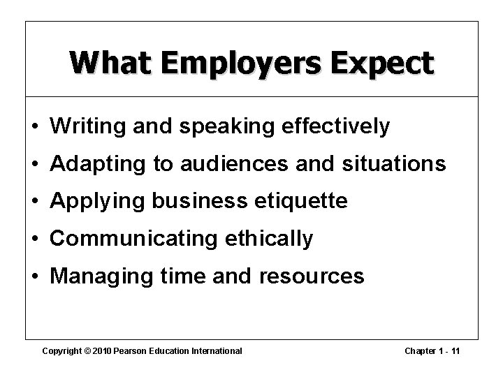 What Employers Expect • Writing and speaking effectively • Adapting to audiences and situations