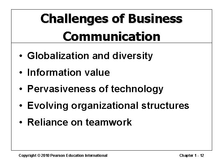 Challenges of Business Communication • Globalization and diversity • Information value • Pervasiveness of